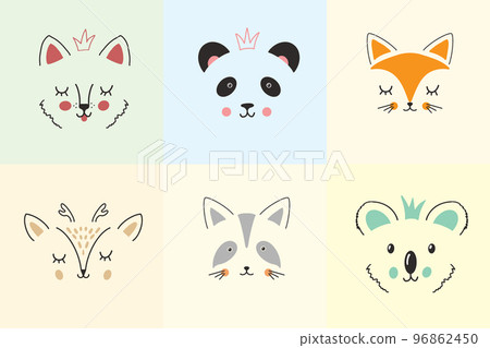 Cute Animal face. Cartoon animals collection, dog, panda, fox, deer, raccoon and koala. Vector illustration 96862450