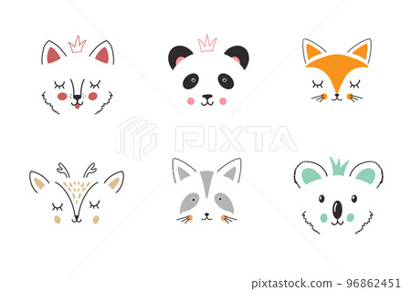 Cute Animal face. Cartoon animals collection, dog, panda, fox, deer, raccoon and koala. Vector illustration 96862451
