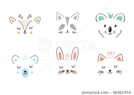 Cute Animal face. Cartoon animals collection, deer, raccoon, koala, bear, rabbit and cat. Vector illustration Cute Animal face. Cartoon animals collection, deer, raccoon, koala, bear, rabbit and cat. Vector illustration 96862454