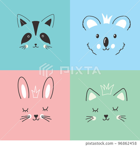 Cute Animal face. Cartoon animals collection, raccoon, koala, rabbit and cat. Vector illustration Cute Animal face. Cartoon animals collection, raccoon, koala, rabbit and cat. Vector illustration 96862458
