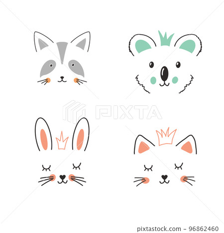 Cute Animal face. Cartoon animals collection, raccoon, koala, rabbit and cat. Vector illustration Cute Animal face. Cartoon animals collection, raccoon, koala, rabbit and cat. Vector illustration 96862460