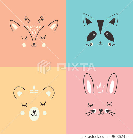 Cute Animal face. Cartoon animals collection, deer, raccoon, bear and rabbit. Vector illustration 96862464
