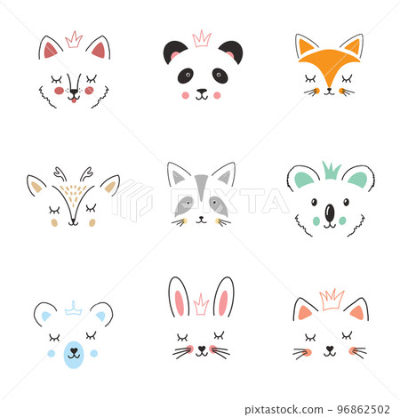 Cute Animal face. Cartoon animals collection, dog, panda, fox, deer, raccoon, koala, bear, rabbit and cat. Vector illustration 96862502