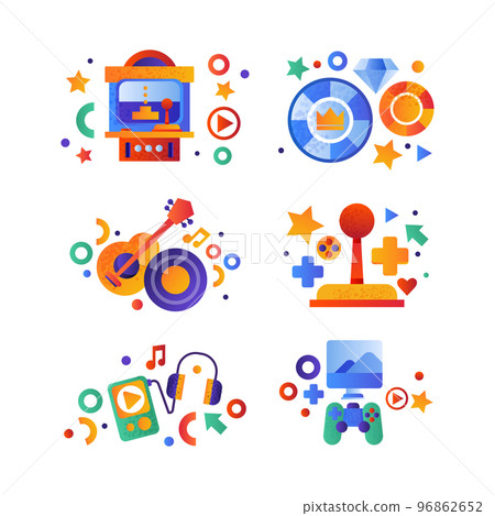 Game and Entertainment Industry with Arcade, Music Player, Guitar, Casino, Video Game and Joystick Vector Set Game and Entertainment Industry with Arcade, Music Player, Guitar, Casino, Video Game and Joystick Vector Set 96862652