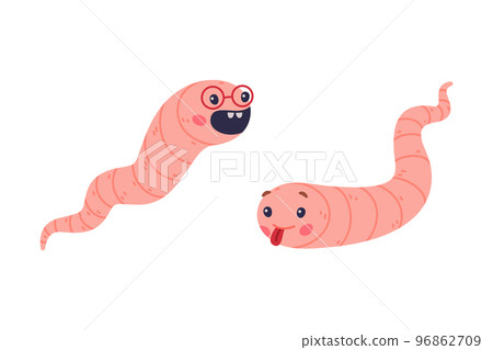 Funny Pink Worm Character with Long Tube Body Vector Set Funny Pink Worm Character with Long Tube Body Vector Set 96862709