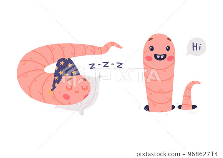Funny Pink Worm Character with Long Tube Body Sleeping and Greeting Vector Set Funny Pink Worm Character with Long Tube Body Sleeping and Greeting Vector Set 96862713