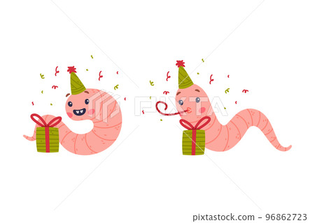 Funny Pink Worm Character with Long Tube Body Celebrating Birthday with Gift Box Vector Set Funny Pink Worm Character with Long Tube Body Celebrating Birthday with Gift Box Vector Set 96862723