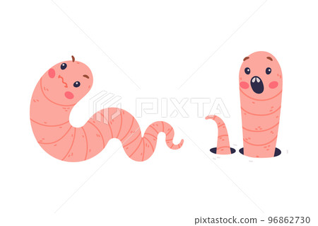 Funny Pink Worm Character with Long Tube Body Vector Set Funny Pink Worm Character with Long Tube Body Vector Set 96862730