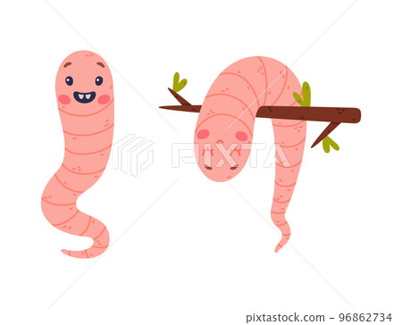 Funny Pink Worm Character with Long Tube Body on Tree Branch Vector Set Funny Pink Worm Character with Long Tube Body on Tree Branch Vector Set 96862734