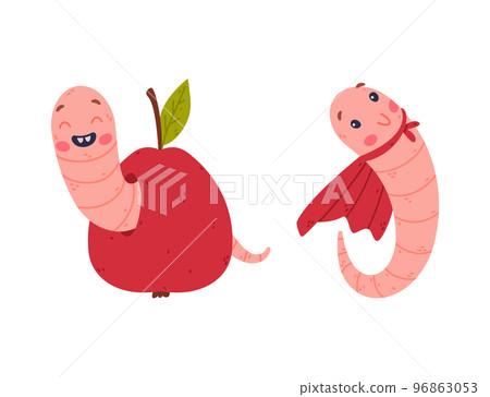 Funny Pink Worm Character with Long Tube Body in Apple Hole and Wearing Cape Vector Set 96863053