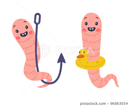Funny Pink Worm Character with Long Tube Body on Hook and in Rubber Ring Vector Set Funny Pink Worm Character with Long Tube Body on Hook and in Rubber Ring Vector Set 96863054