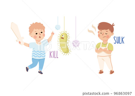 Little Boy Killing Virus with Sword and Sulking Demonstrating Vocabulary and Verb Studying Vector Set Little Boy Killing Virus with Sword and Sulking Demonstrating Vocabulary and Verb Studying Vector Set 96863097
