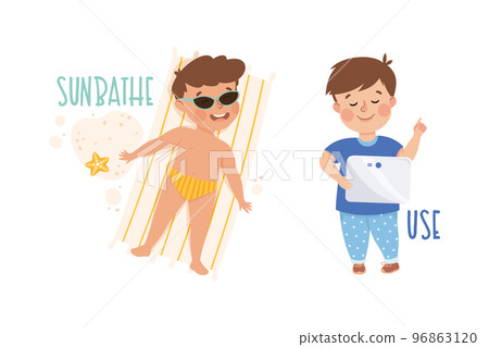 Little Boy Sunbathing and Using Tablet PC Demonstrating Vocabulary and Verb Studying Vector Set Little Boy Sunbathing and Using Tablet PC Demonstrating Vocabulary and Verb Studying Vector Set 96863120