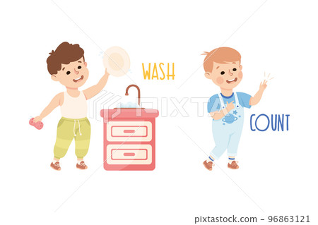 Little Boy Washing Dishes and Counting Demonstrating Vocabulary and Verb Studying Vector Set Little Boy Washing Dishes and Counting Demonstrating Vocabulary and Verb Studying Vector Set 96863121