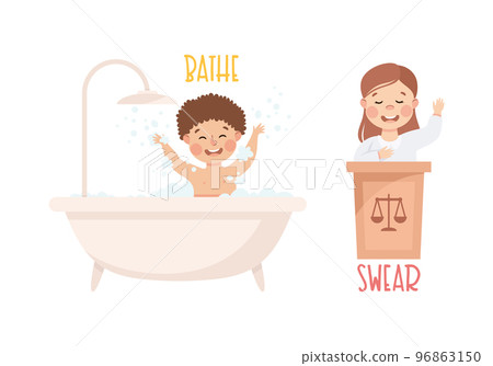 Little Boy and Girl Bathing and Swearing Demonstrating Vocabulary and Verb Studying Vector Set 96863150