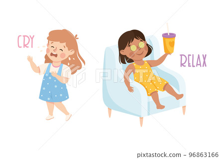 Little Girl Crying and Relaxing in Armchair with Soda Demonstrating Vocabulary and Verb Studying Vector Set 96863166