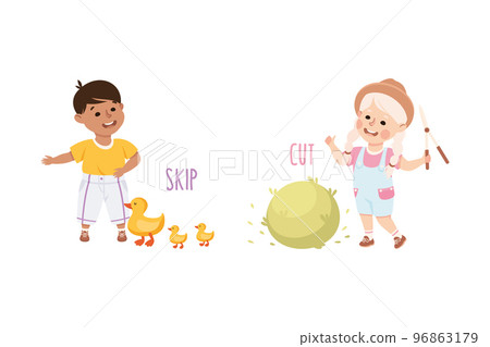Little Boy and Girl Skipping Ducks and Cutting Bush with Garden Pruner Demonstrating Vocabulary and Verb Studying Vector Set Little Boy and Girl Skipping Ducks and Cutting Bush with Garden Pruner Demonstrating Vocabulary and Verb Studying Vector Set 96863179