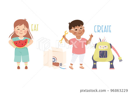 Little Boy and Girl Eating Watermelon and Creating Robot Demonstrating Vocabulary and Verb Vector Set Little Boy and Girl Eating Watermelon and Creating Robot Demonstrating Vocabulary and Verb Vector Set 96863229