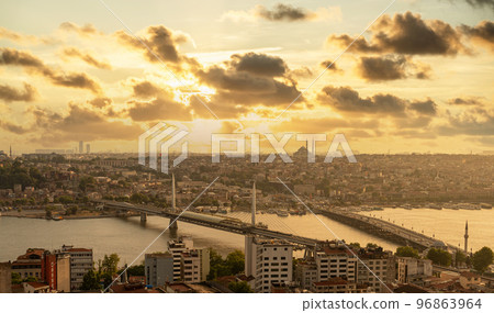 Istanbul panorama with mosque at sunset, aerial view of old town, bridge and Golden horn strait, Turkey Istanbul panorama with mosque at sunset, aerial view of old town, bridge and Golden horn strait, Turkey 96863964