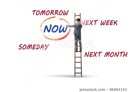 Concept of procrastination with now or later 96864143