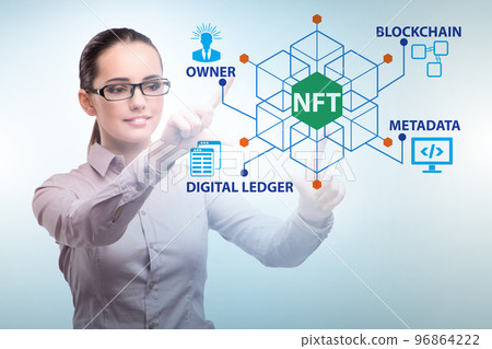 Businesswoman in NFT non fungible concept Businesswoman in NFT non fungible concept 96864222