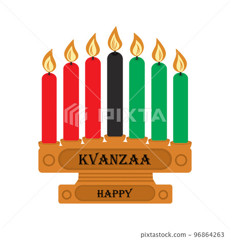 Wooden candlestick with seven candles in the color of the African flag and inscription Happy Kwanzaa 96864263