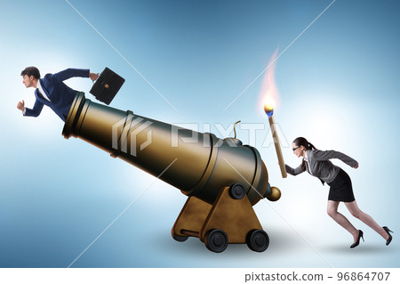 Concept of lay-off with business people and cannon 96864707