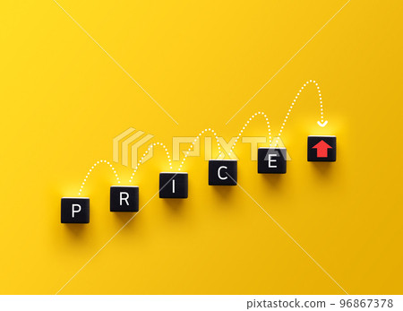Price level sign. Wooden cube with up icon. Wooden blocks with the concept of Price 96867378