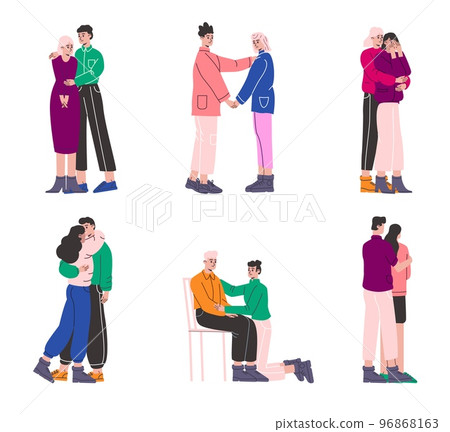 Sympathetic friends comforting. Consoling people. Crying and hugging persons. Emotional support. Care or of depressed characters. Couple relationship. Vector empathic men and women set 96868163