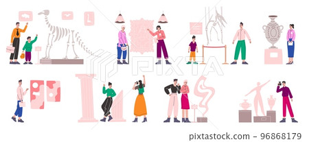 People in museum. Men and women on exhibition. Different painting showpiece. Persons look at dinosaurs and sculptures. Cultural development of population. Vector exposition visitors set People in museum. Men and women on exhibition. Different painting showpiece. Persons look at dinosaurs and sculptures. Cultural development of population. Vector exposition visitors set 96868179