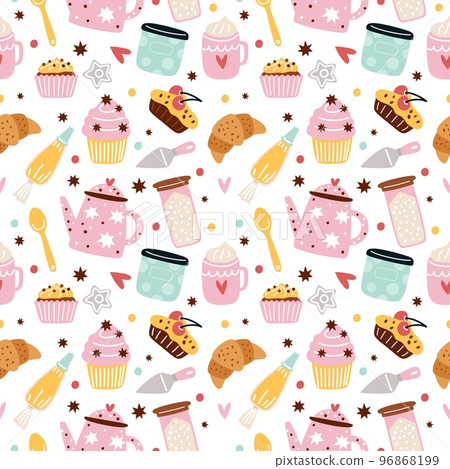 Confectionery seamless pattern. Pastries and sweet desserts. Kitchen ingredients and accessories. Sugar products. Culinary print design. Muffins and croissants. Garish vector background 96868199