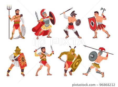 Ancient roman gladiators. People in armor. Warriors with different weapons. Helmets and shields. Historical soldier characters. Fighter poses with spears and axes. Splendid vector set Ancient roman gladiators. People in armor. Warriors with different weapons. Helmets and shields. Historical soldier characters. Fighter poses with spears and axes. Splendid vector set 96868212
