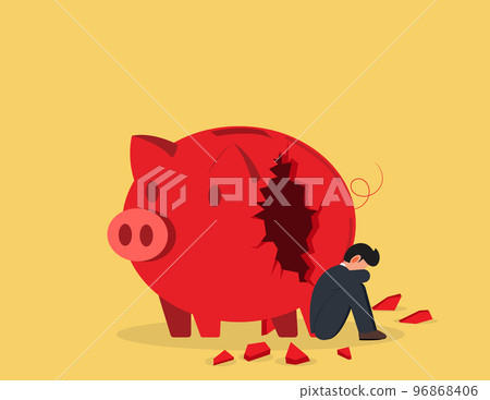 depressed businessman sitting with broken piggy bank. depressed businessman sitting with broken piggy bank. 96868406