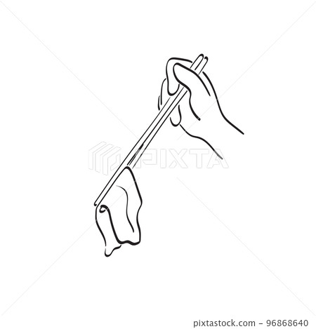 closeup hand using chopsticks to keep food illustration vector hand drawn isolated on white background line art. closeup hand using chopsticks to keep food illustration vector hand drawn isolated on white background line art. 96868640
