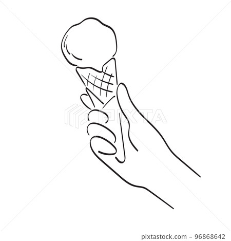 closeup hand holding cone ice cream illustration vector hand drawn isolated on white background line art. 96868642