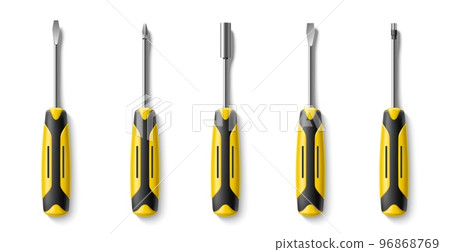 Realistic screwdrivers. Home worker tools with different heads. Cross, flat, insulating handles, hand repair instrument. Construction instruments. Top view 3d isolated elements utter vector set 96868769