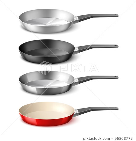 Realistic frying pans. 3d dishes with different coatings, metallic cookware, aluminum, teflon, cast iron and steel skillet, isolated elements for cooking, kitchenware utter vector concept 96868772