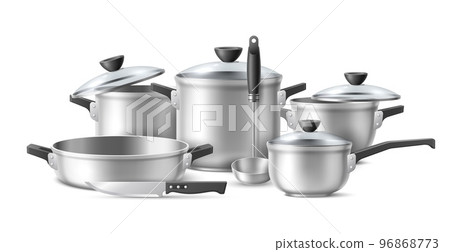 Realistic cookware. Silver shiny kitchenware composition, metallic utensils, pots with glass lids and pans, knife and ladle, cooking accessories, 3d isolated utensils, utter vector concept 96868773