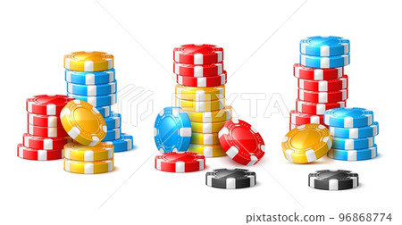 Realistic chips stacks. Colored round game tokens pile different colors elements, poker gambling, roulette, betting accessories, 3d isolated playing objects, utter vector set 96868774