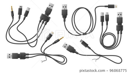 Realistic adapter cables. Black flexible wires with usb different types connectors, curved electronic chargers adapters, 3d elements. Mini and micro lightning, microusb utter vector set 96868775