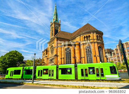 Tram at the Johannes Church in Dusseldorf - North Rhine-Westphalia, Germany 96868802