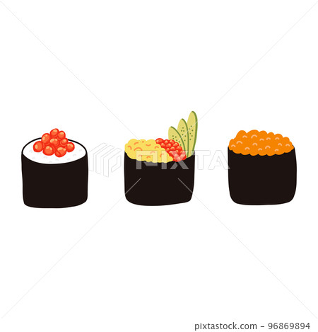 Gunkan sushi set with red caviar in cartoon flat style. Hand drawn Japanese traditional cuisine Gunkan sushi set with red caviar in cartoon flat style. Hand drawn Japanese traditional cuisine 96869894