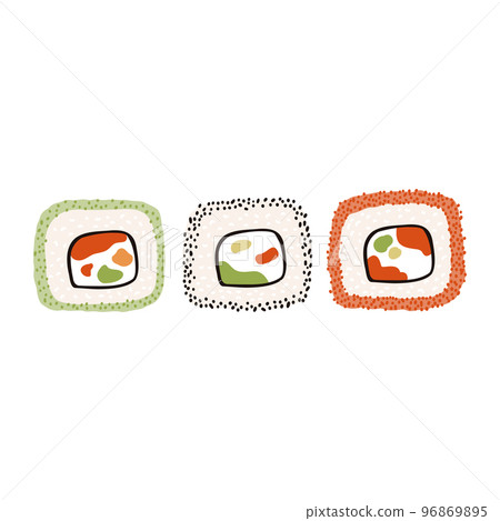 Sushi uramaki set in cartoon flat style. Hand drawn Japanese traditional cuisine Sushi uramaki set in cartoon flat style. Hand drawn Japanese traditional cuisine 96869895