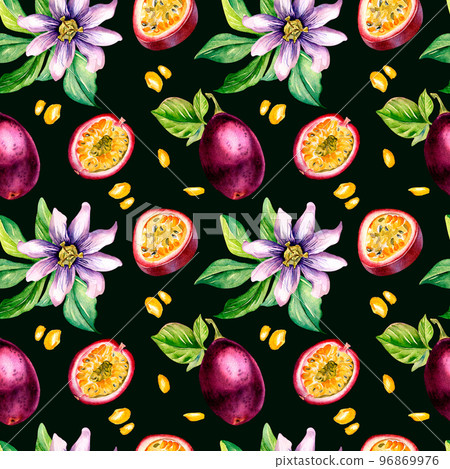 Purple passion fruit and splash juice watercolor seamless pattern isolated on dark. 96869976