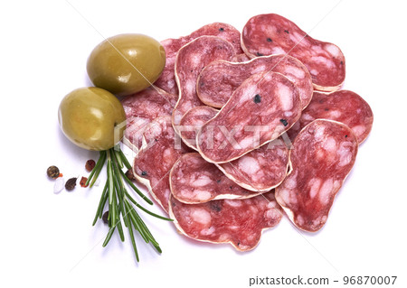 slices of Spanish Fuet thin dried salami sausage isolated on a white background slices of Spanish Fuet thin dried salami sausage isolated on a white background 96870007
