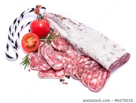 Spanish Fuet thin dried salami sausage isolated on a white background 96870038