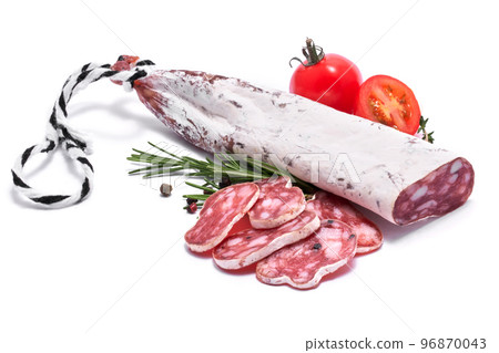 Spanish Fuet thin dried salami sausage isolated on a white background Spanish Fuet thin dried salami sausage isolated on a white background 96870043