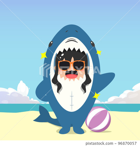 little girl wearing a black sunglasses and shark costume character isolated on a beach background. little girl wearing a shark costume character emoticon illustration little girl wearing a black sunglasses and shark costume character isolated on a beach background. little girl wearing a shark costume character emoticon illustration 96870057