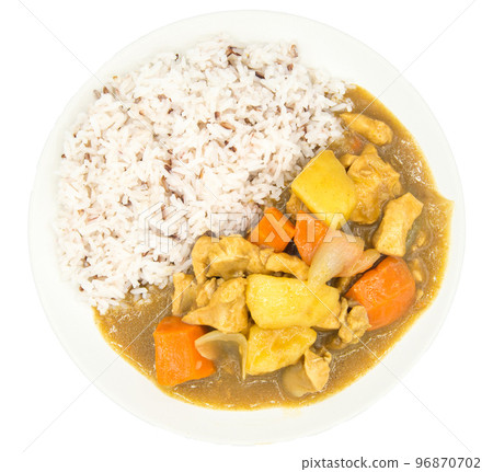 Japanese chicken curry on isolated background. Japanese chicken curry on isolated background. 96870702
