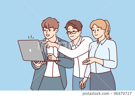Woman and two men startup employees dressed in business style stand with laptop. Vector image 96870727